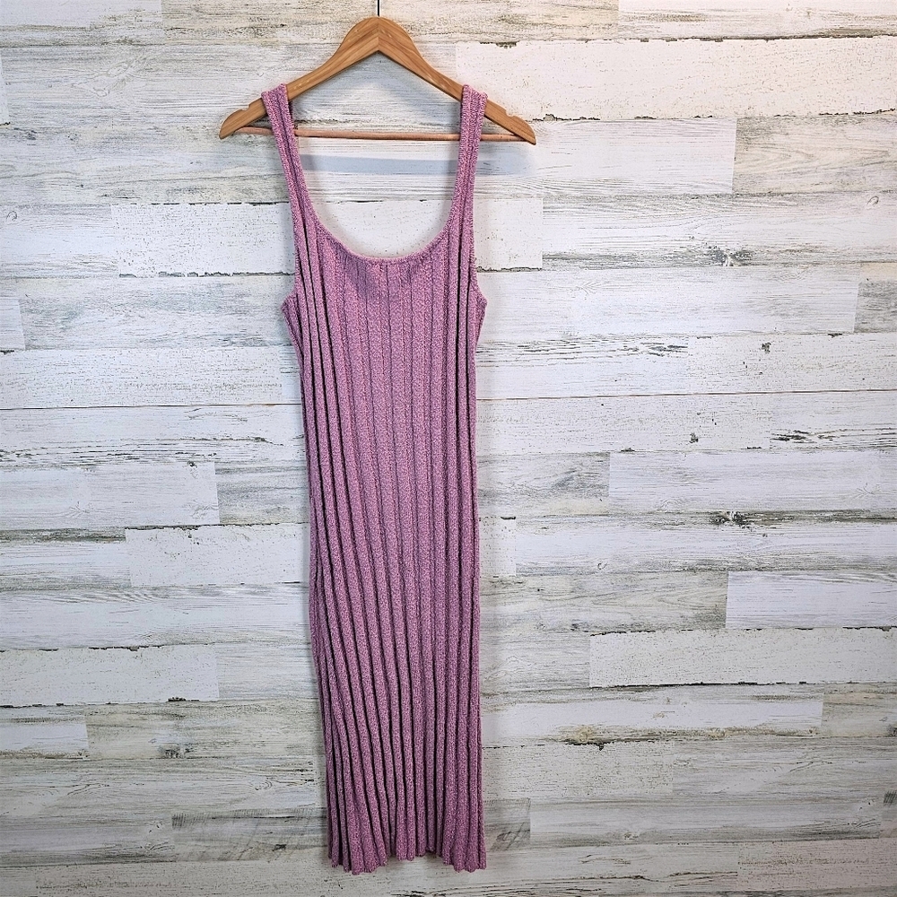 Free People Beach Santos Knit Midi Dress L Rose Pink Ribbed Tank Scoop Neck - Picture 2 of 11